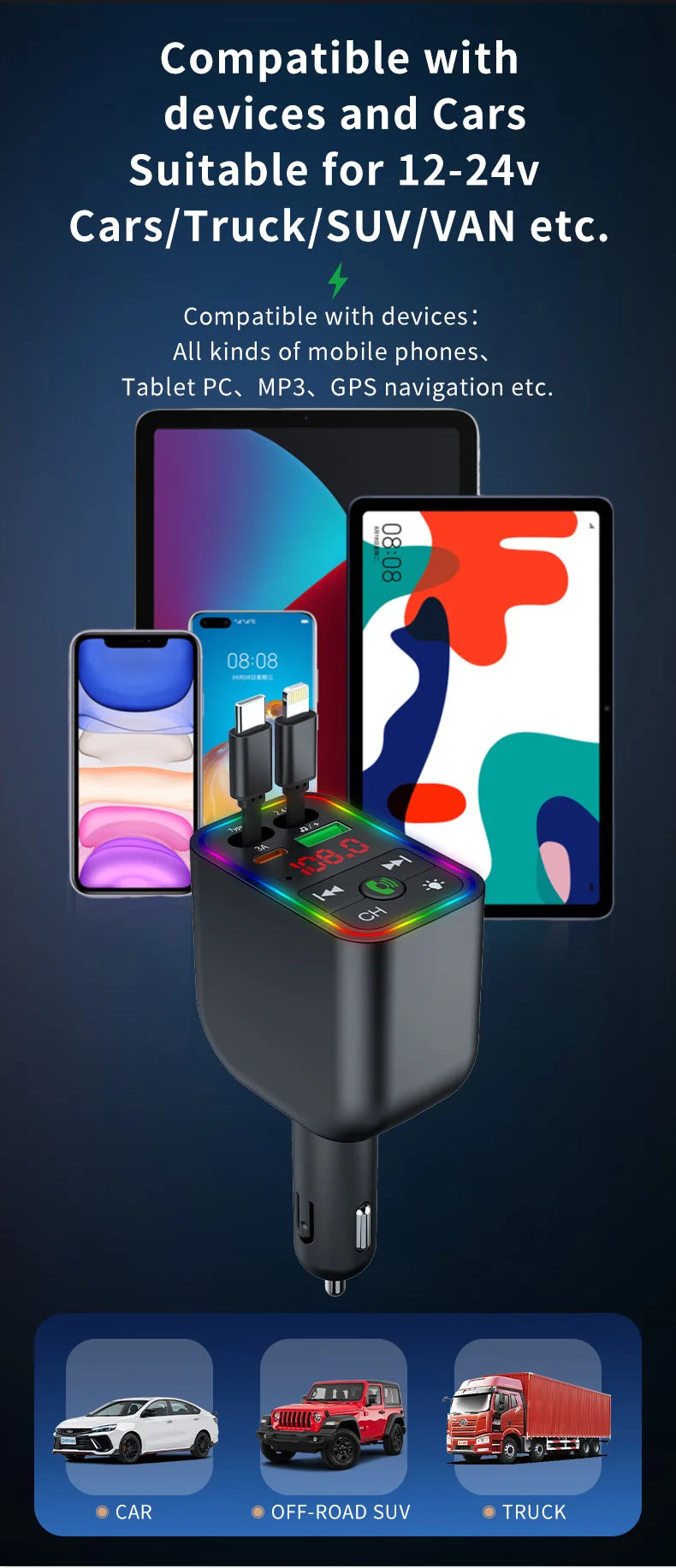 Y3 Car Bluetooth MP3 Transmitter - 4-in-1 Fast Charge Retractable Cable Car Charger with Built-in Media Player