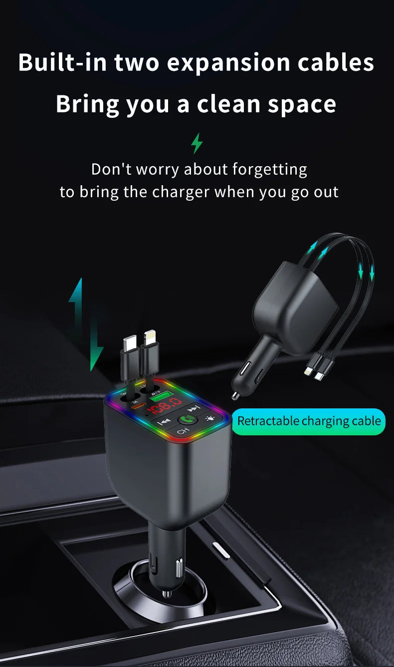Y3 Car Bluetooth MP3 Transmitter - 4-in-1 Fast Charge Retractable Cable Car Charger with Built-in Media Player