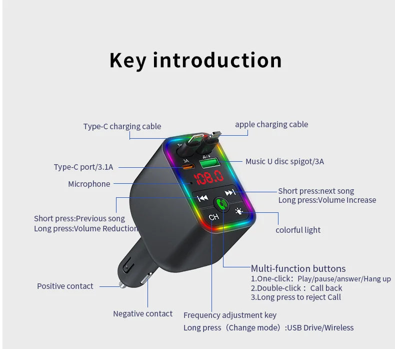Y3 Car Bluetooth MP3 Transmitter - 4-in-1 Fast Charge Retractable Cable Car Charger with Built-in Media Player