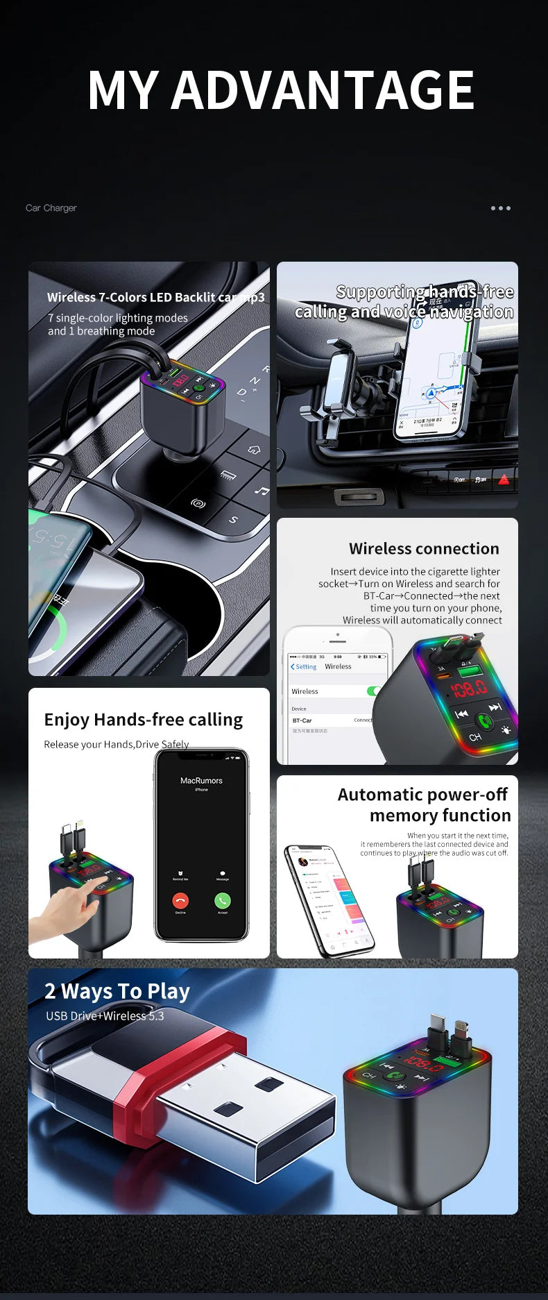Y3 Car Bluetooth MP3 Transmitter - 4-in-1 Fast Charge Retractable Cable Car Charger with Built-in Media Player