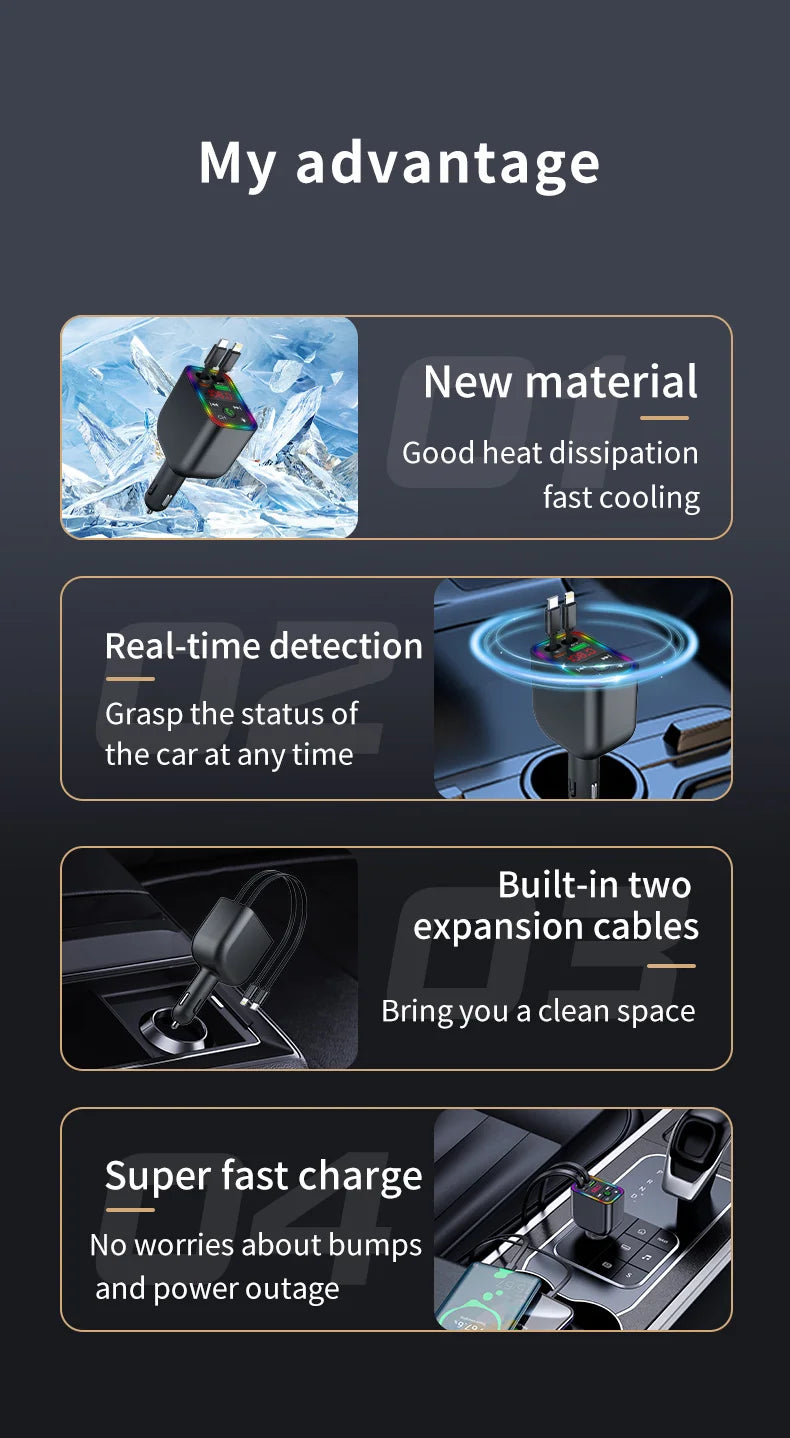 Y3 Car Bluetooth MP3 Transmitter - 4-in-1 Fast Charge Retractable Cable Car Charger with Built-in Media Player