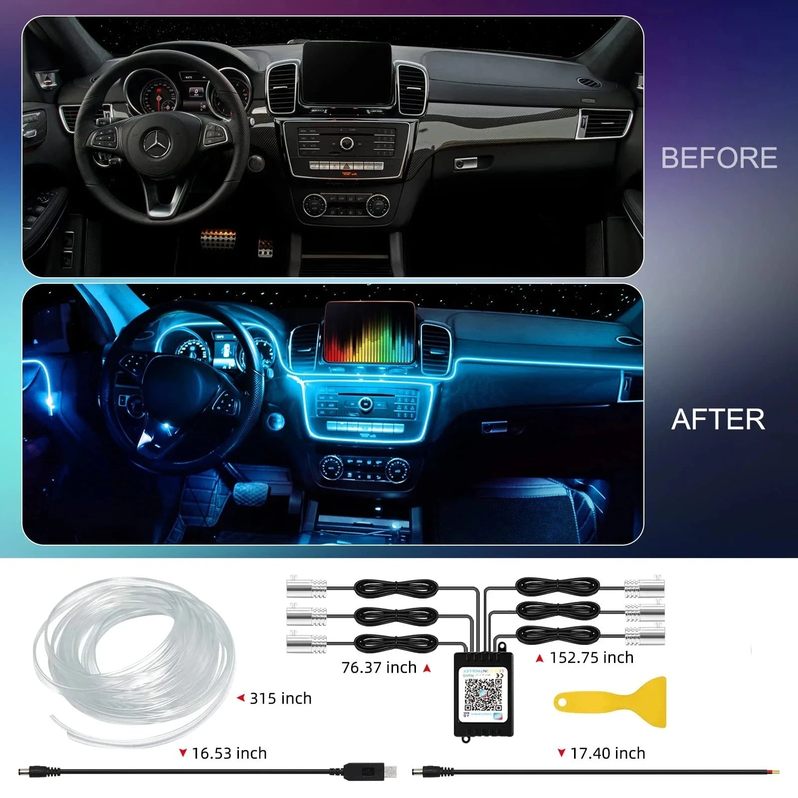 LED Car Interior Ambient Strip Lights RGB Fiber Optic Atmosphere Neon Lighting Kit W/ APP Remote Control Auto Decorative Lamps
