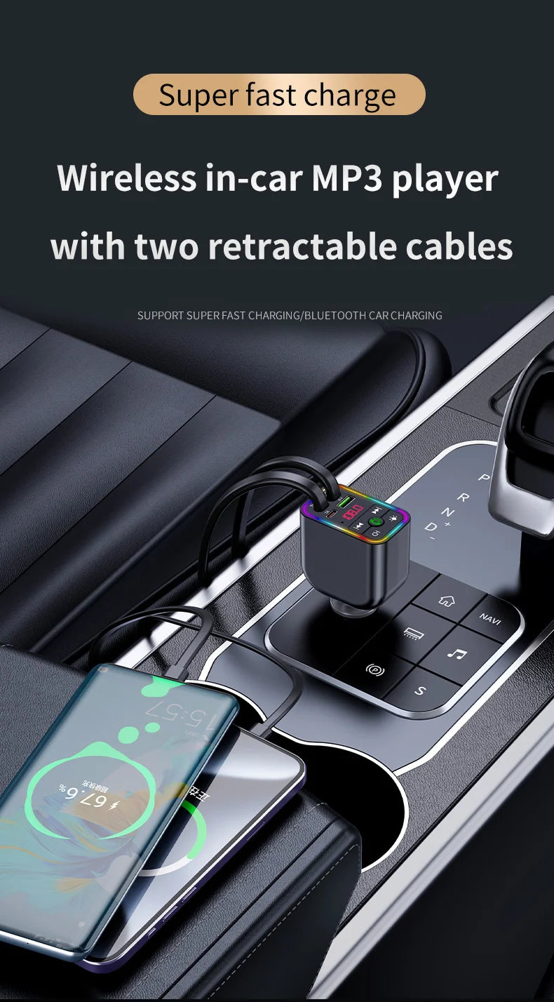 Y3 Car Bluetooth MP3 Transmitter - 4-in-1 Fast Charge Retractable Cable Car Charger with Built-in Media Player