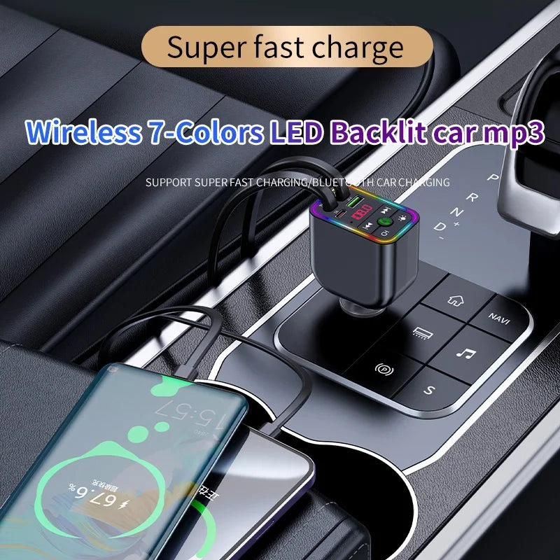 Y3 Car Bluetooth MP3 Transmitter - 4-in-1 Fast Charge Retractable Cable Car Charger with Built-in Media Player