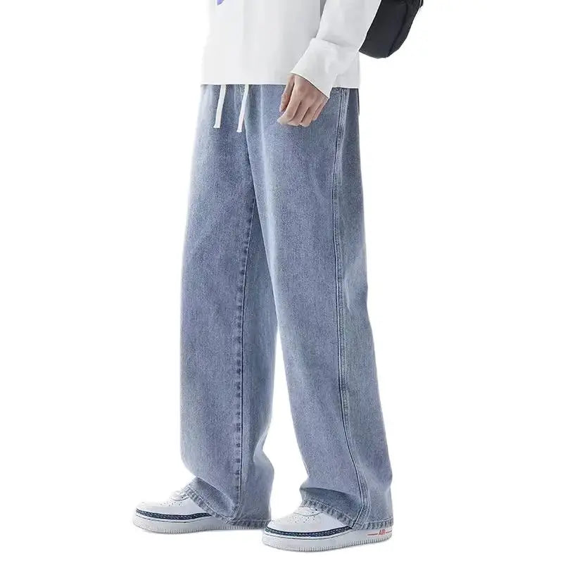 2025 New Korean Men's Casual Long Jeans Classic Man Straight Denim Wide-leg Pants Gyms Solid Color Light Blue Grey Black M-3XL