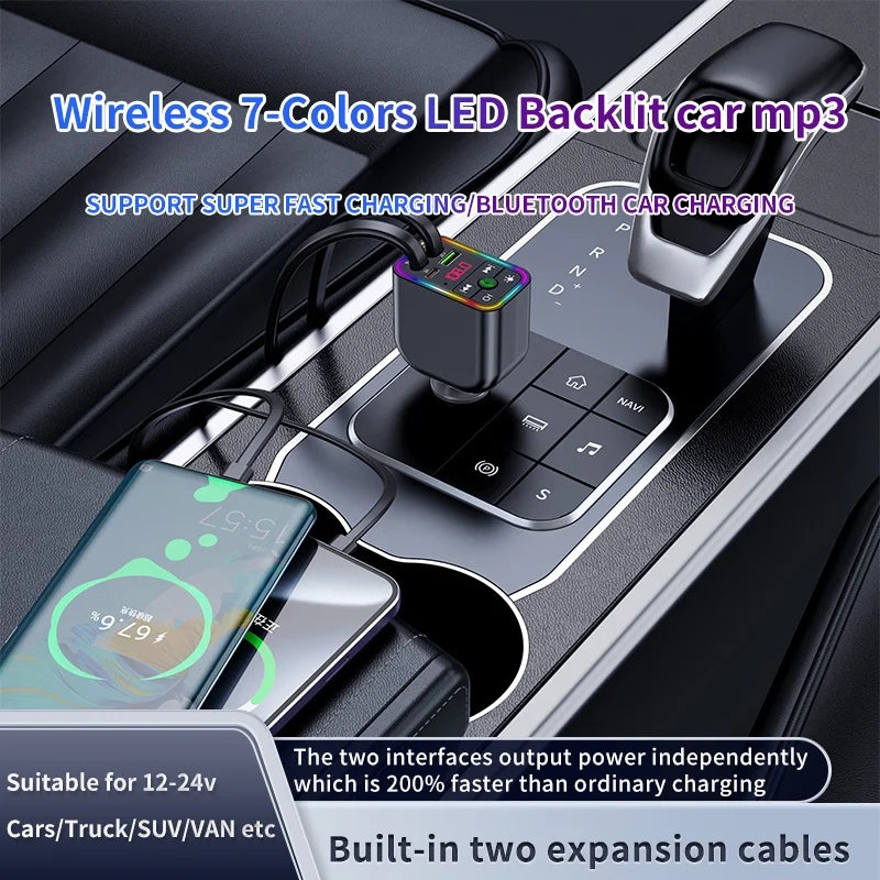 Y3 Car Bluetooth MP3 Transmitter - 4-in-1 Fast Charge Retractable Cable Car Charger with Built-in Media Player