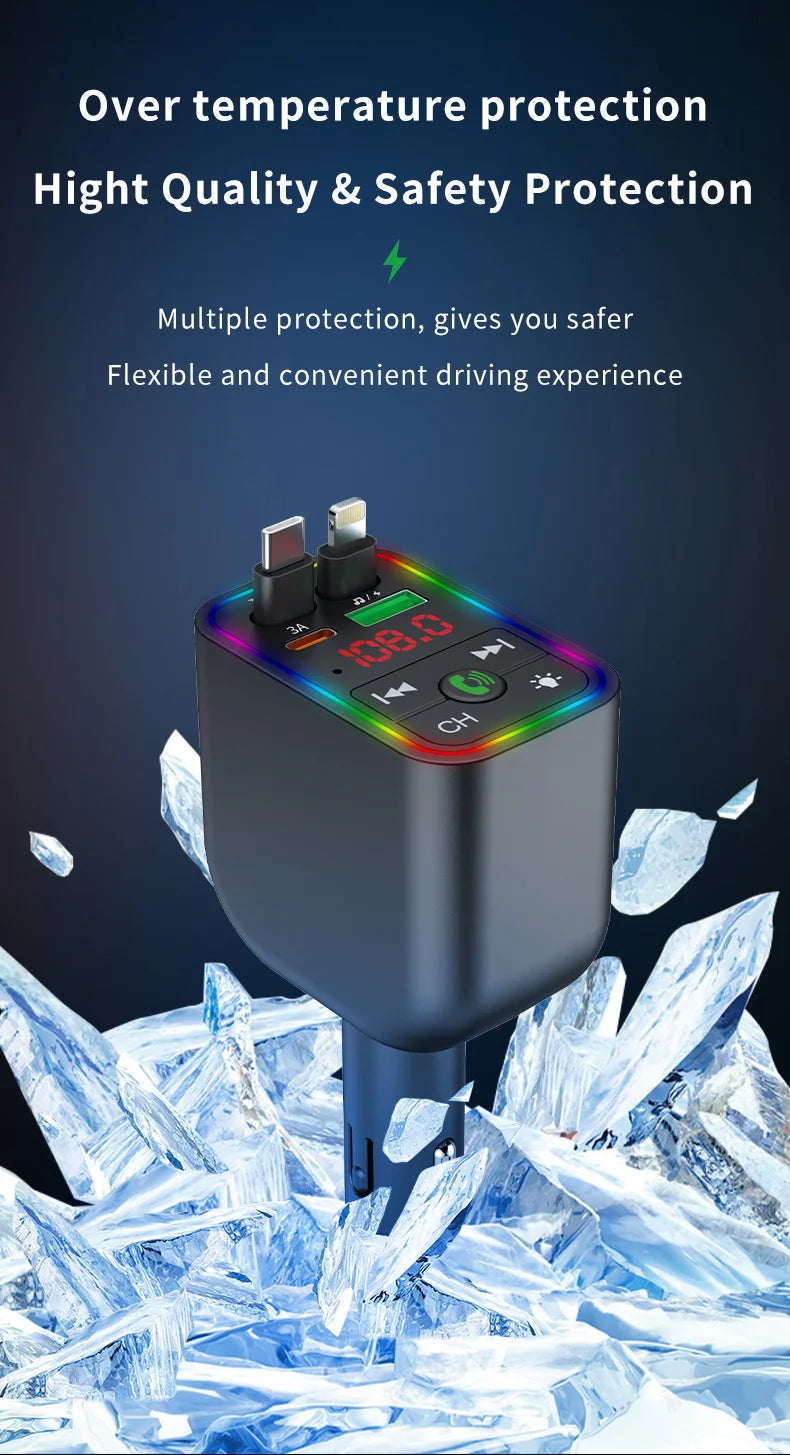 Y3 Car Bluetooth MP3 Transmitter - 4-in-1 Fast Charge Retractable Cable Car Charger with Built-in Media Player