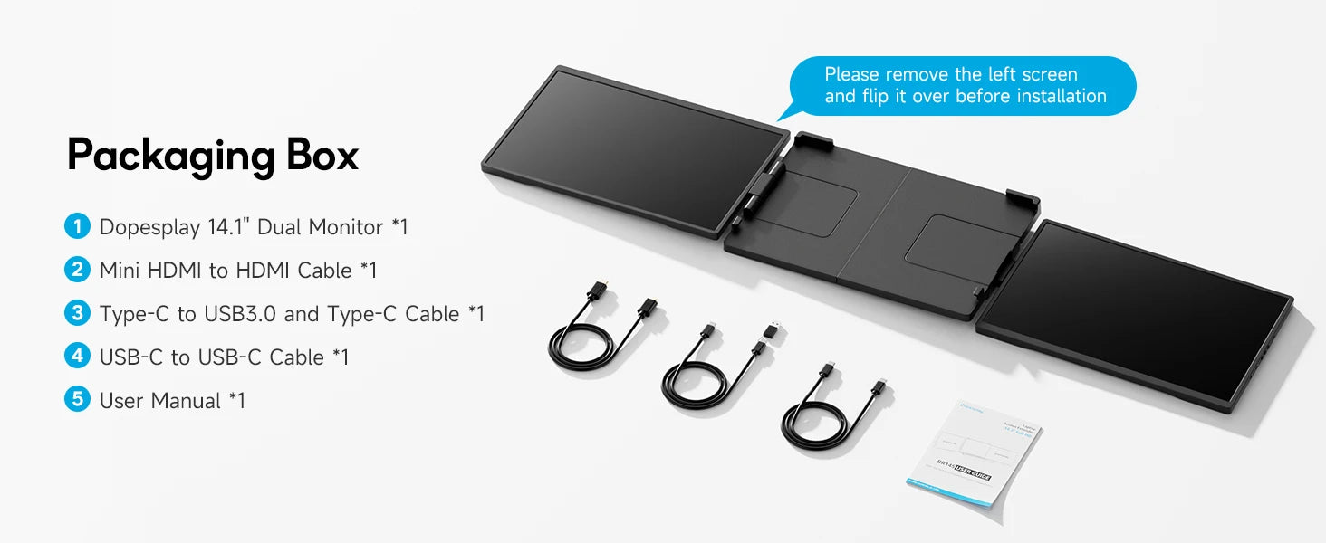 Dopesplay 14.1inch Portable Monitors 1200P FHD IPS Single Dual Second Screen Extender Display For Phone PC Mac 13.3-17" Laptops