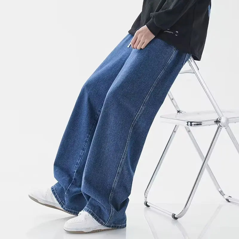 2025 New Korean Men's Casual Long Jeans Classic Man Straight Denim Wide-leg Pants Gyms Solid Color Light Blue Grey Black M-3XL