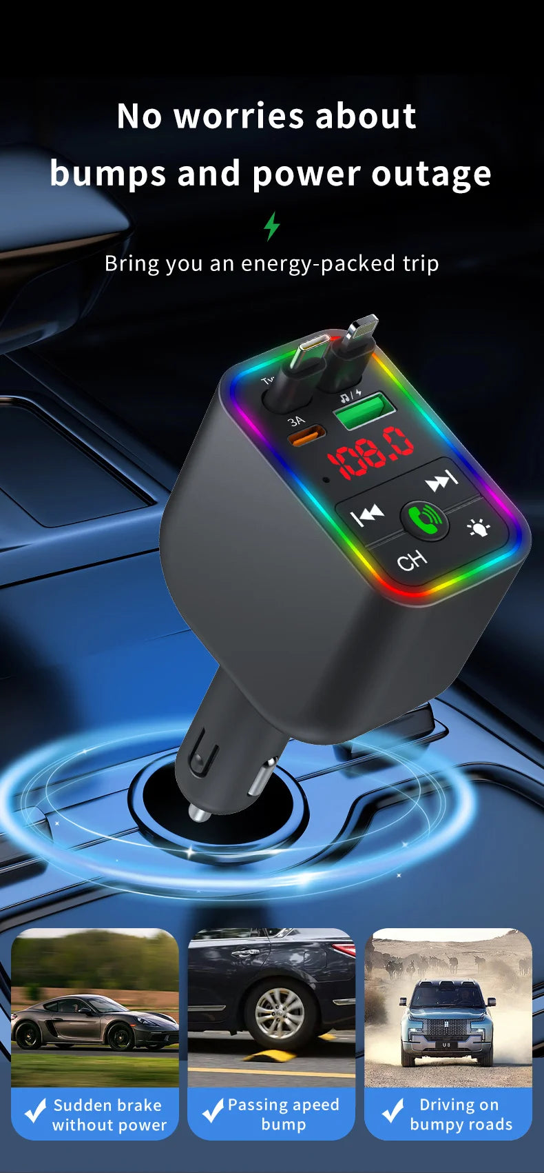 Y3 Car Bluetooth MP3 Transmitter - 4-in-1 Fast Charge Retractable Cable Car Charger with Built-in Media Player