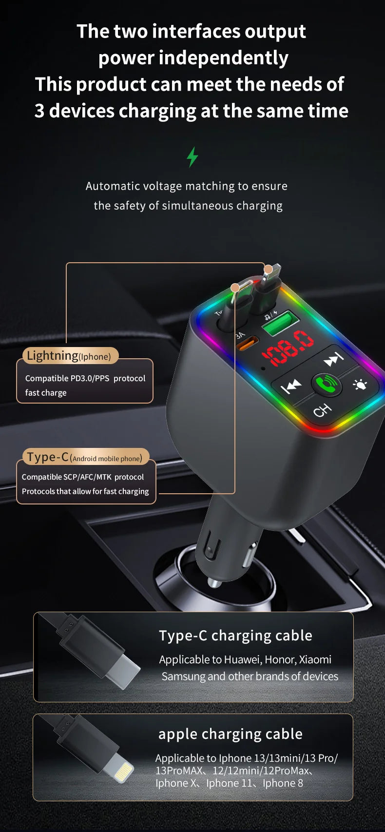 Y3 Car Bluetooth MP3 Transmitter - 4-in-1 Fast Charge Retractable Cable Car Charger with Built-in Media Player