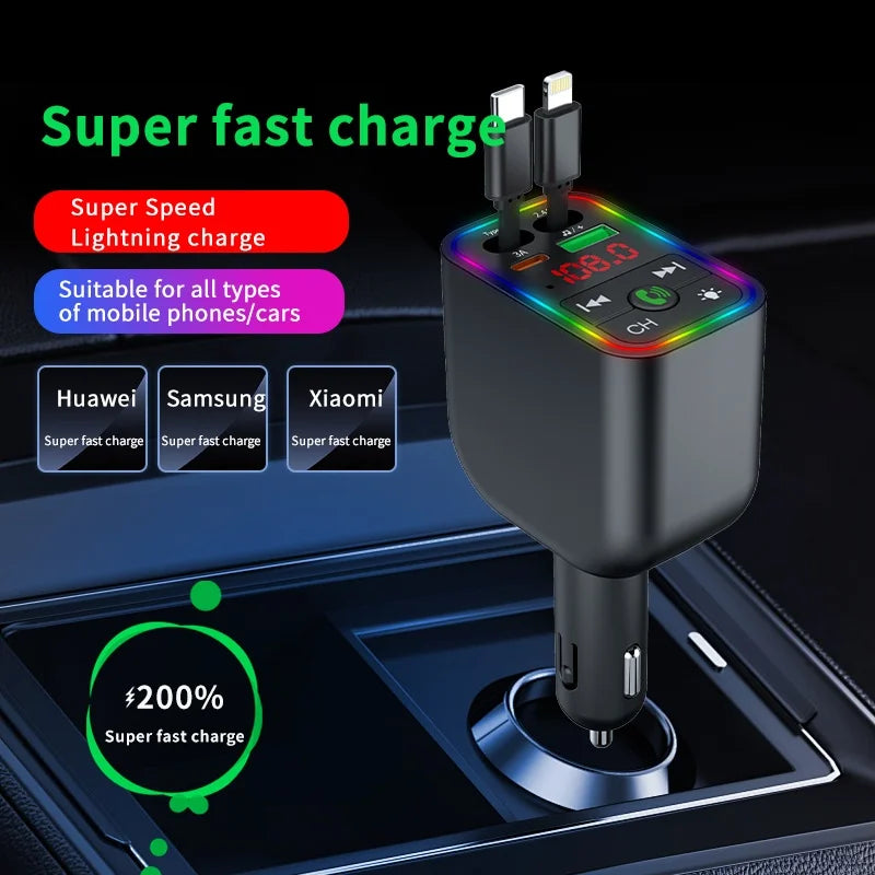 Y3 Car Bluetooth MP3 Transmitter - 4-in-1 Fast Charge Retractable Cable Car Charger with Built-in Media Player