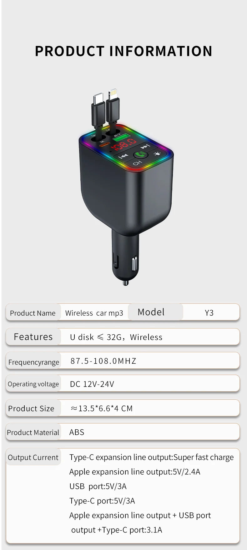 Y3 Car Bluetooth MP3 Transmitter - 4-in-1 Fast Charge Retractable Cable Car Charger with Built-in Media Player