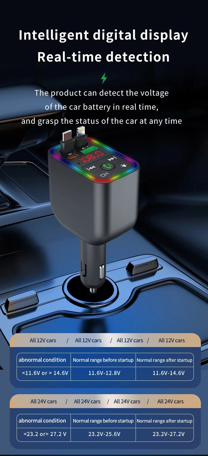 Y3 Car Bluetooth MP3 Transmitter - 4-in-1 Fast Charge Retractable Cable Car Charger with Built-in Media Player