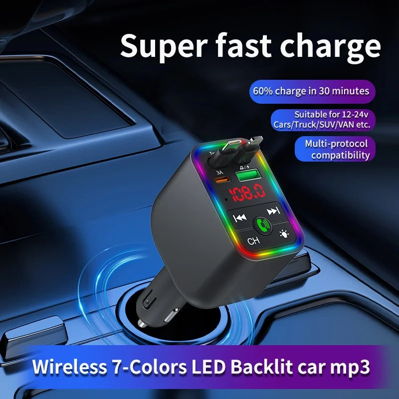 Y3 Car Bluetooth MP3 Transmitter - 4-in-1 Fast Charge Retractable Cable Car Charger with Built-in Media Player