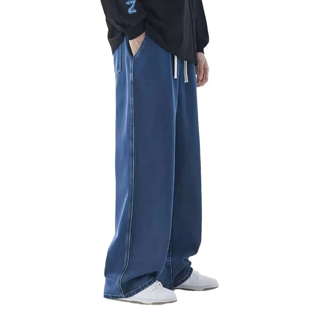 2025 New Korean Men's Casual Long Jeans Classic Man Straight Denim Wide-leg Pants Gyms Solid Color Light Blue Grey Black M-3XL