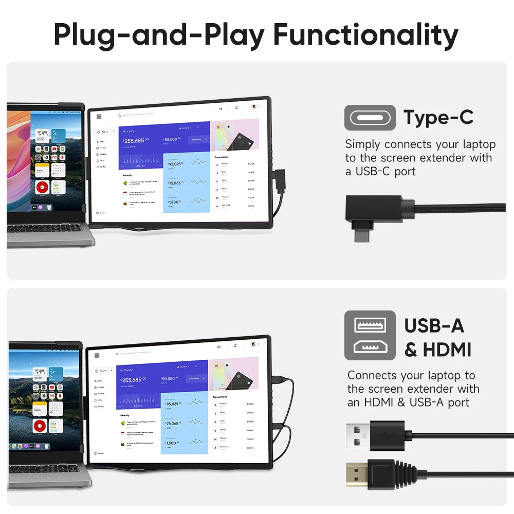 Dopesplay 14.1inch Portable Monitors 1200P FHD IPS Single Dual Second Screen Extender Display For Phone PC Mac 13.3-17" Laptops
