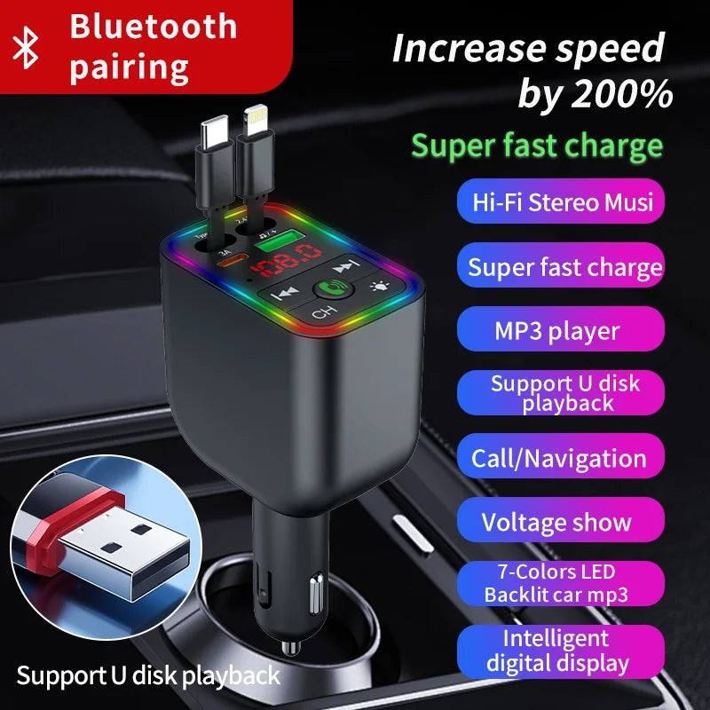 Y3 Car Bluetooth MP3 Transmitter - 4-in-1 Fast Charge Retractable Cable Car Charger with Built-in Media Player