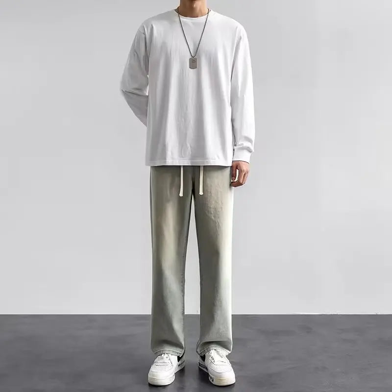 2025 New Korean Men's Casual Long Jeans Classic Man Straight Denim Wide-leg Pants Gyms Solid Color Light Blue Grey Black M-3XL
