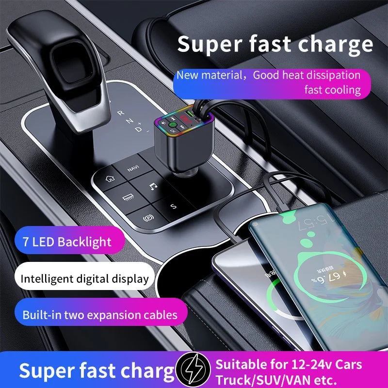 Y3 Car Bluetooth MP3 Transmitter - 4-in-1 Fast Charge Retractable Cable Car Charger with Built-in Media Player